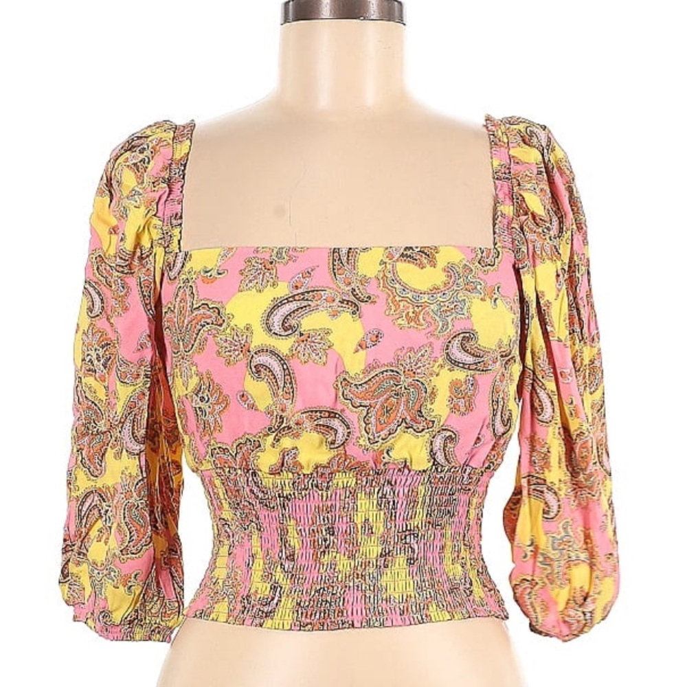 AFRM 3/4 Sleeve Smocked Crop Top with Button Back yellow/pink paisley print Sz S - Picture 9 of 9
